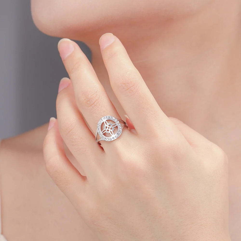 Dawapara Witches Knot Adjustable Women’s Ring with Clear Zircon - Stainless Steel Religious Jewelry