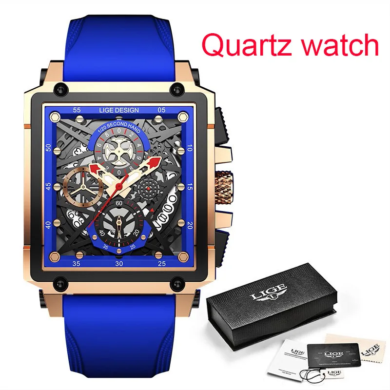 LIGE Top Brand Luxury Mens Watches Square Automatic Watch for Men Tourbillon Clock Genuine Leather Waterproof Mechanical Watches 