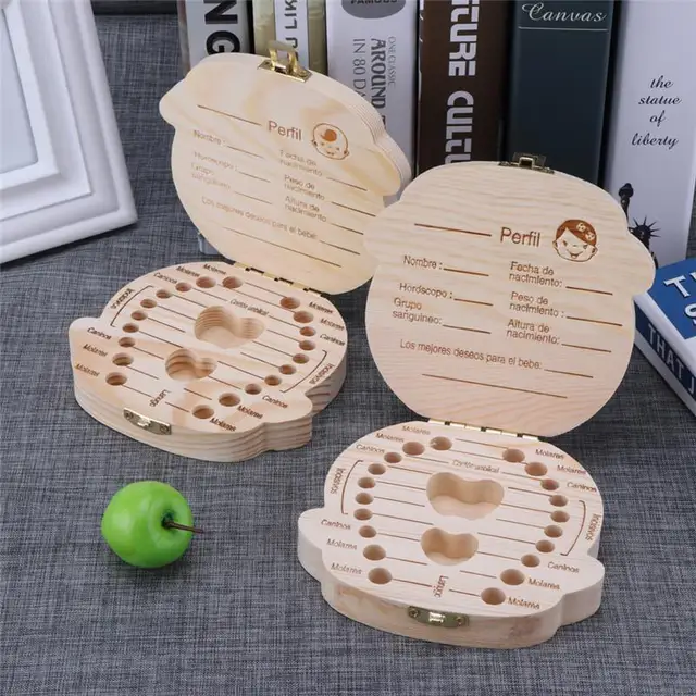 Boîte à dents de bébé en bois espagnol, 1 pièce, organisateur de dents de lait pour enfants, rangement de Souvenirs pour bébés garçons et filles, cadeaux souvenirs 1
