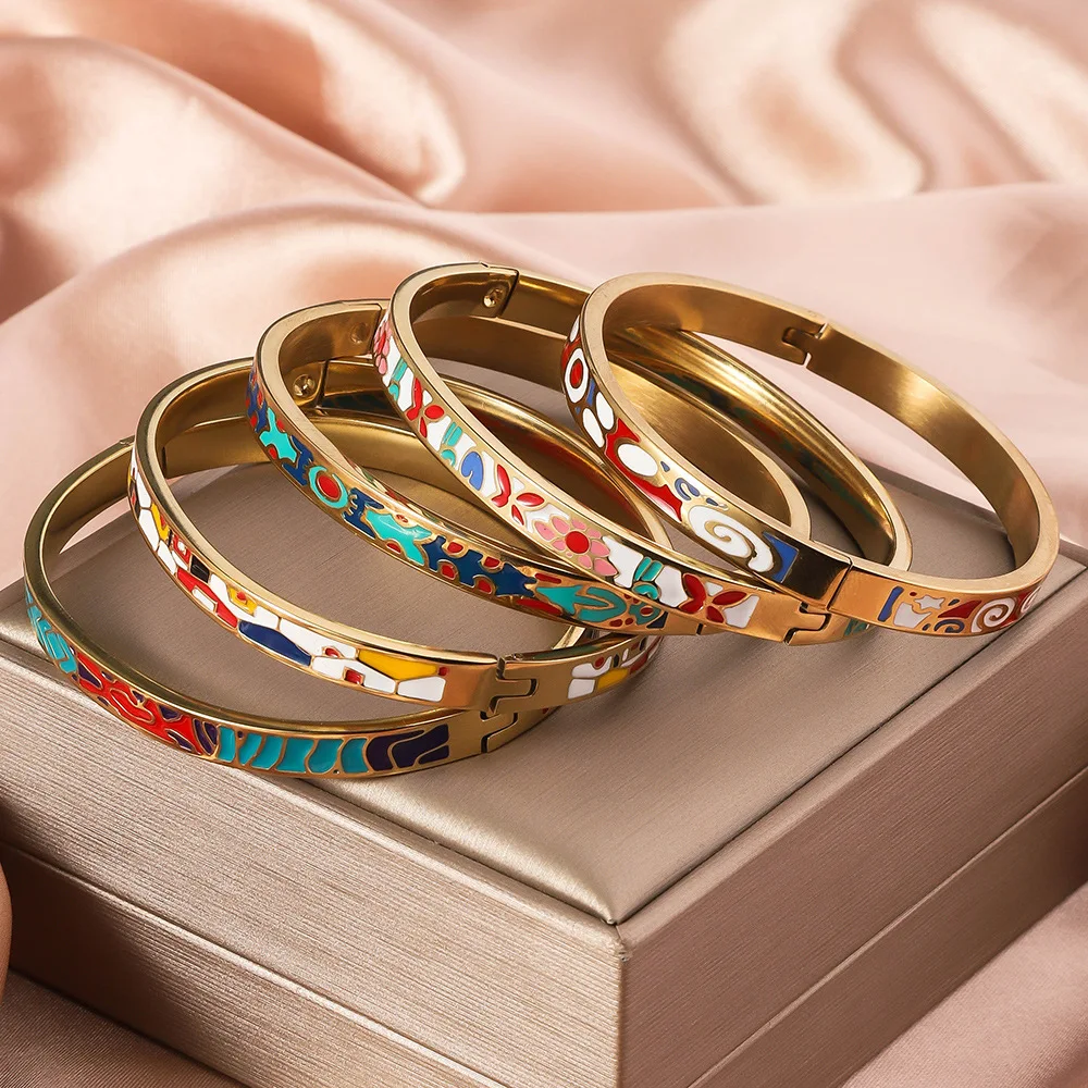 Stainless Steel Bracelet Exquisite Enamel Waterproof Light Luxury Geometric Color Flower Women's Wrist Jewelry Gift