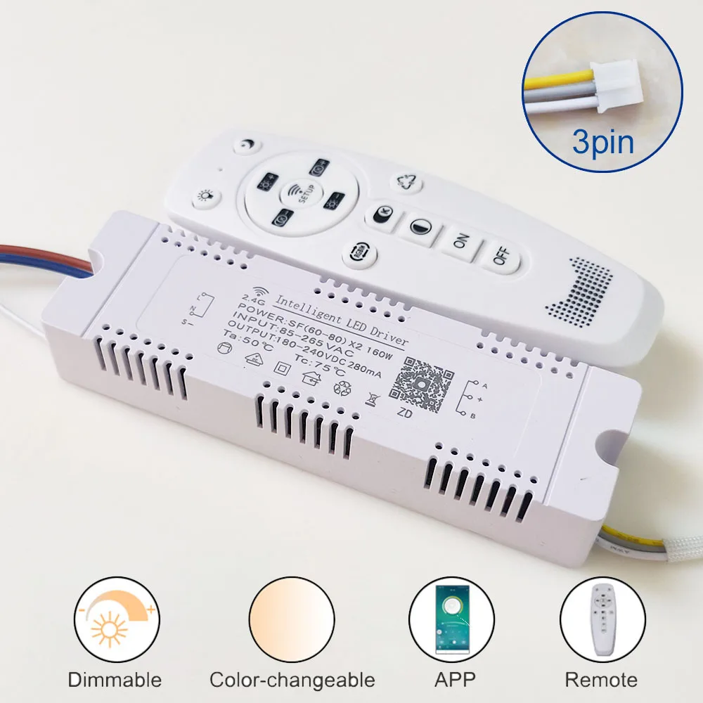 85-265V APP control LED driver 2.4G remote intelligent LED transformer (20-40-60-80W)X2 for dimmable color-changeable chandelier