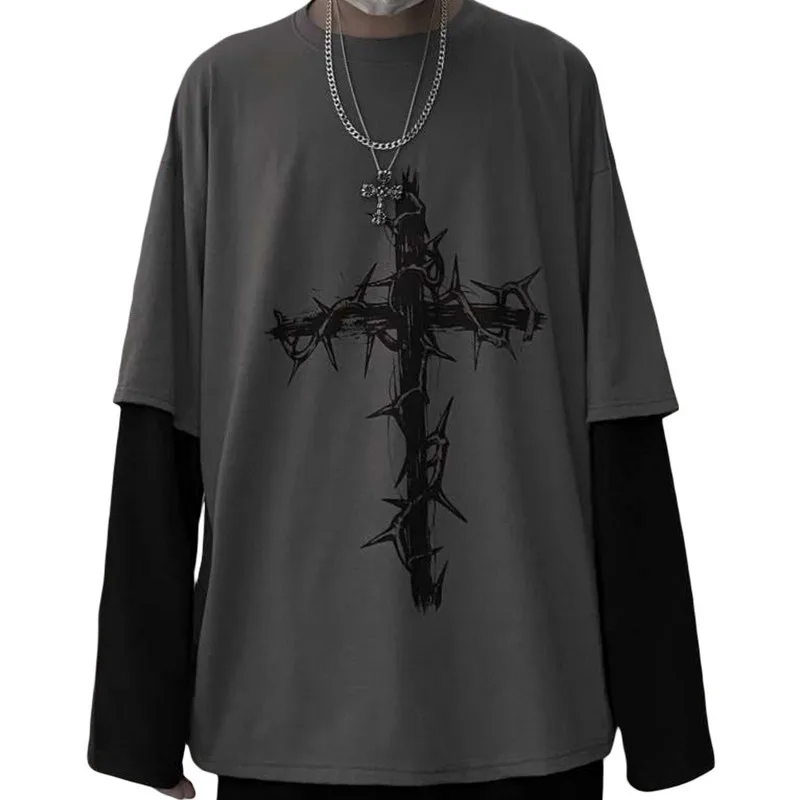 

Женская осенне-весенняя одежда, тройники с длинным рукавом и винтажным принтом в виде креста, уличная одежда y2k