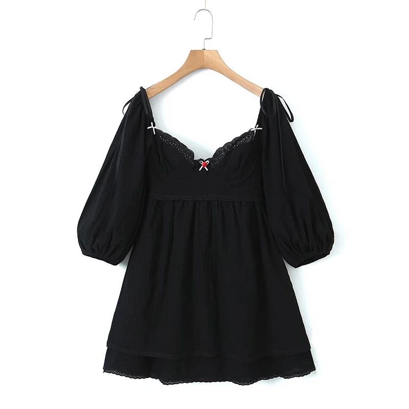 

2023 Women Lace Spliced Black Mini Dress Vintage Lantern Sleeve Back Lacing Up Bandage Ladies Sexy Backless Holiday Short Robe