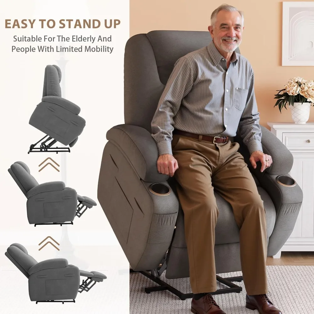 Power Lift Recliner Chair with Massage for Elderly - Ergonomic Design, Remote Control, Cup Holders & Side Pockets (Gray)