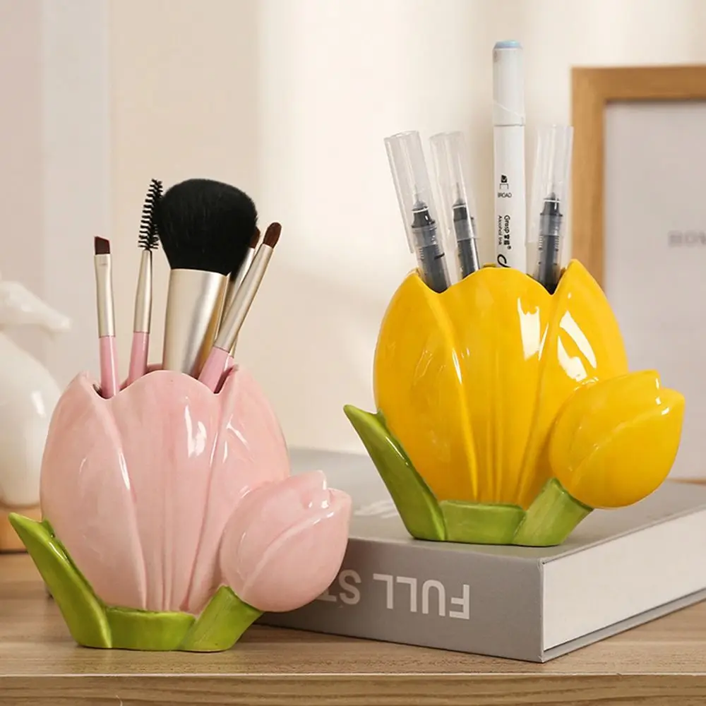 

Cute Tulip Flower Pen Holder Ceramic Aesthetic Makeup Brush Storage Bucket Multifunction Retro Stationery Shelf School Supplies