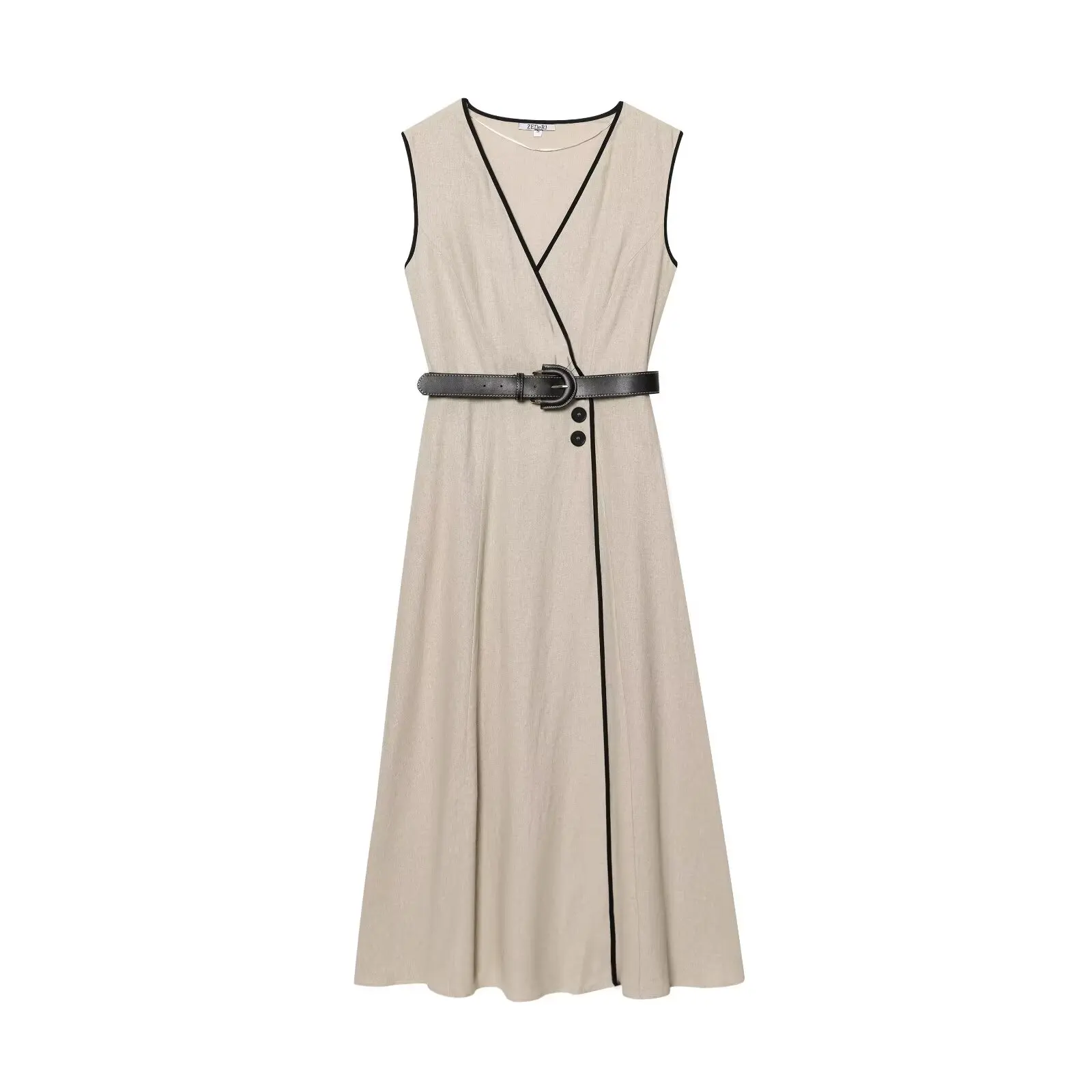 European and American style 2025 summer new style linen blended sleeveless dress with belt photo