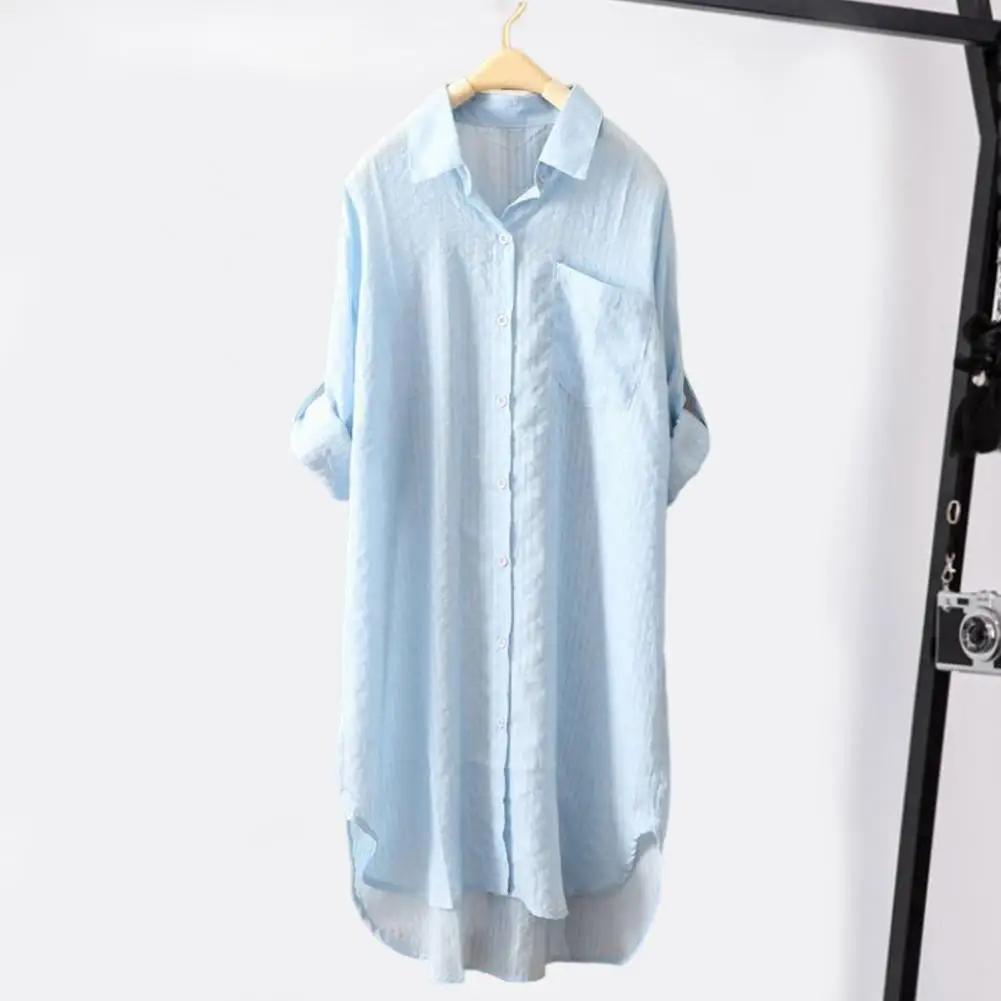 

Women Shirt Lapel Mid-length Shirt Plaid Pattern Loose Office Sunscreen Shirt