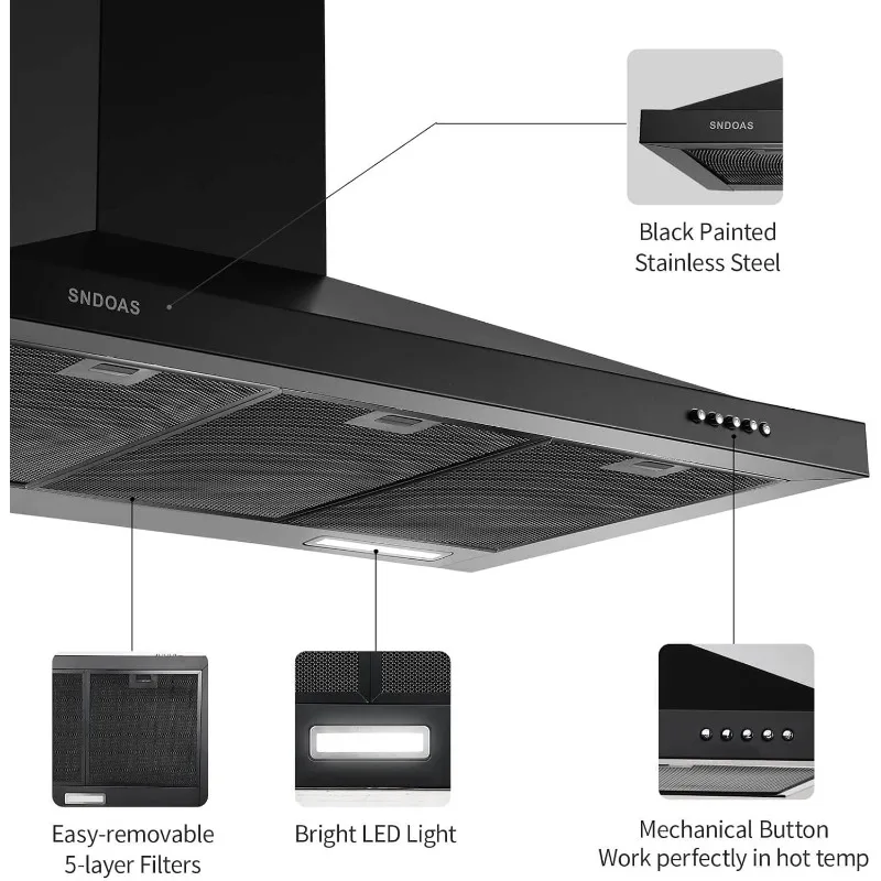 SNDOAS Black Range Hood 36 inches,Stainless Steel Wall Mount Range Hood Black,Kitchen Hood Vent with Ducted/Ductless Convertible 3