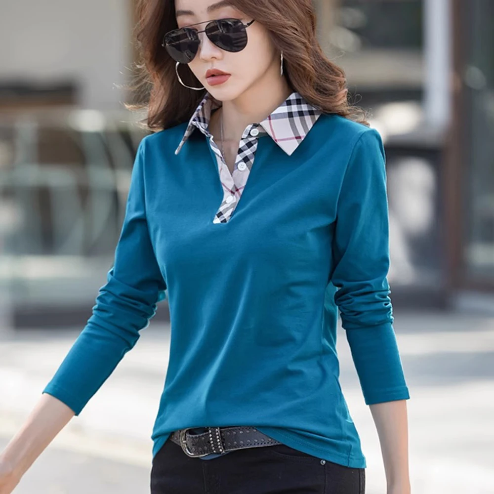 

European Station Long sleeved T-shirt Women's Spring/Summer New High end Fashion British Polo Collar Plaid Casual Large Top