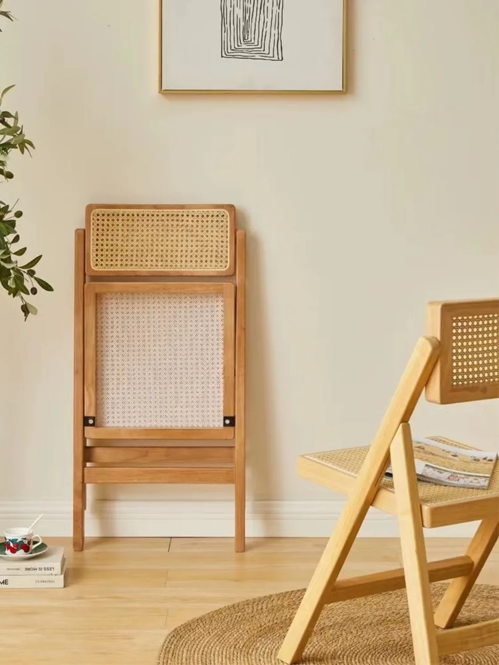 Wabi Stillwind Rattan Chair Household Folding Nanzhu Solid Wood Stool Backrest Dining Chair Nordic Log Wind Eating