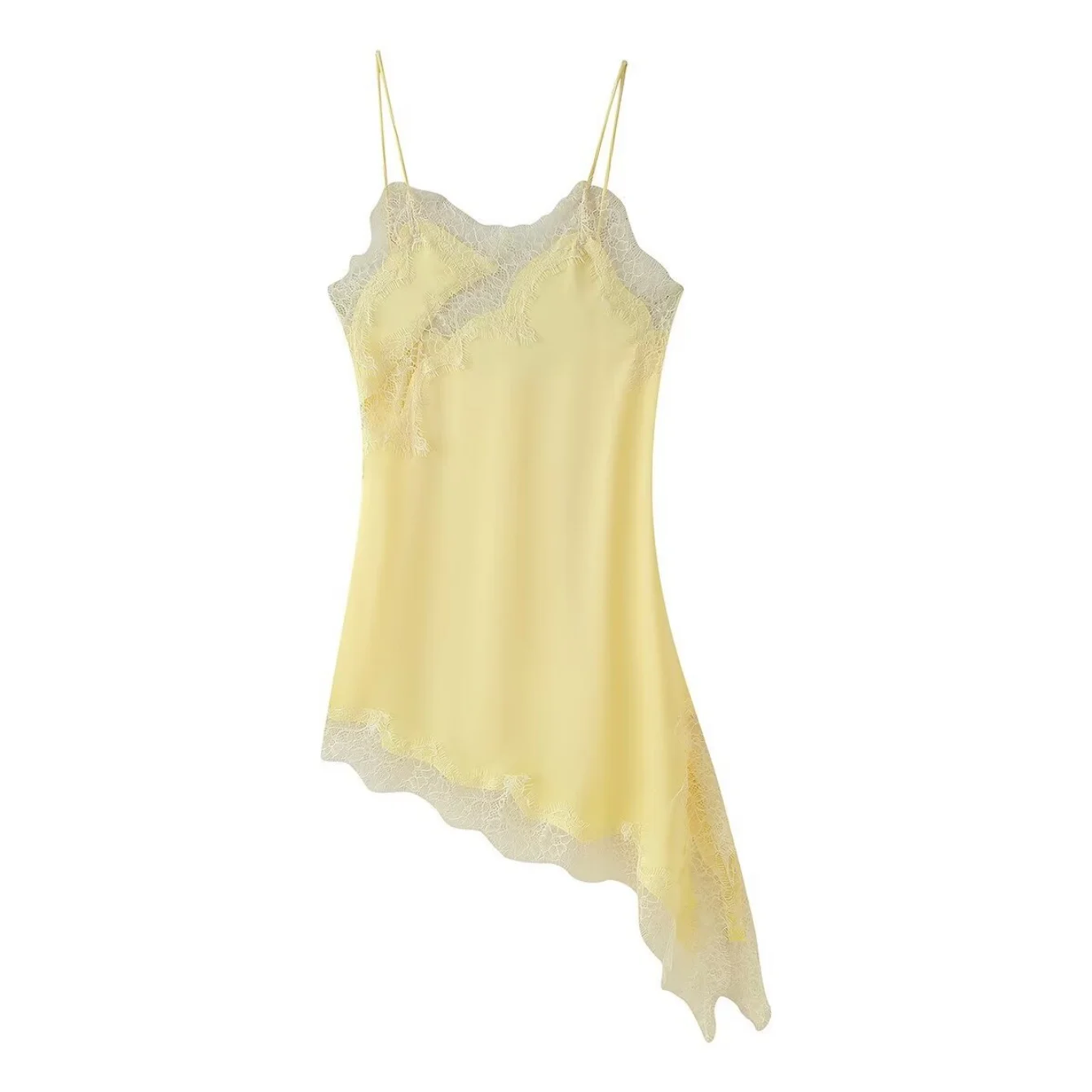 Women's Lace Paneled Camisole Dress Spaghetti Strap Asymmetrical Hem Sleeveless Backless Dress Sexy Mini Dresses Streetwear