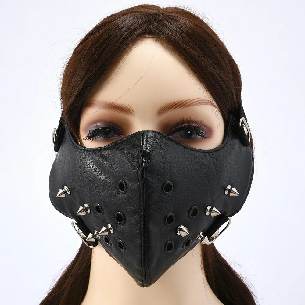 Men Women's Black PU Leather Rivet Rock Mask Lady's Breathable Party Cosplay Halloween Mouth-muffle R1568