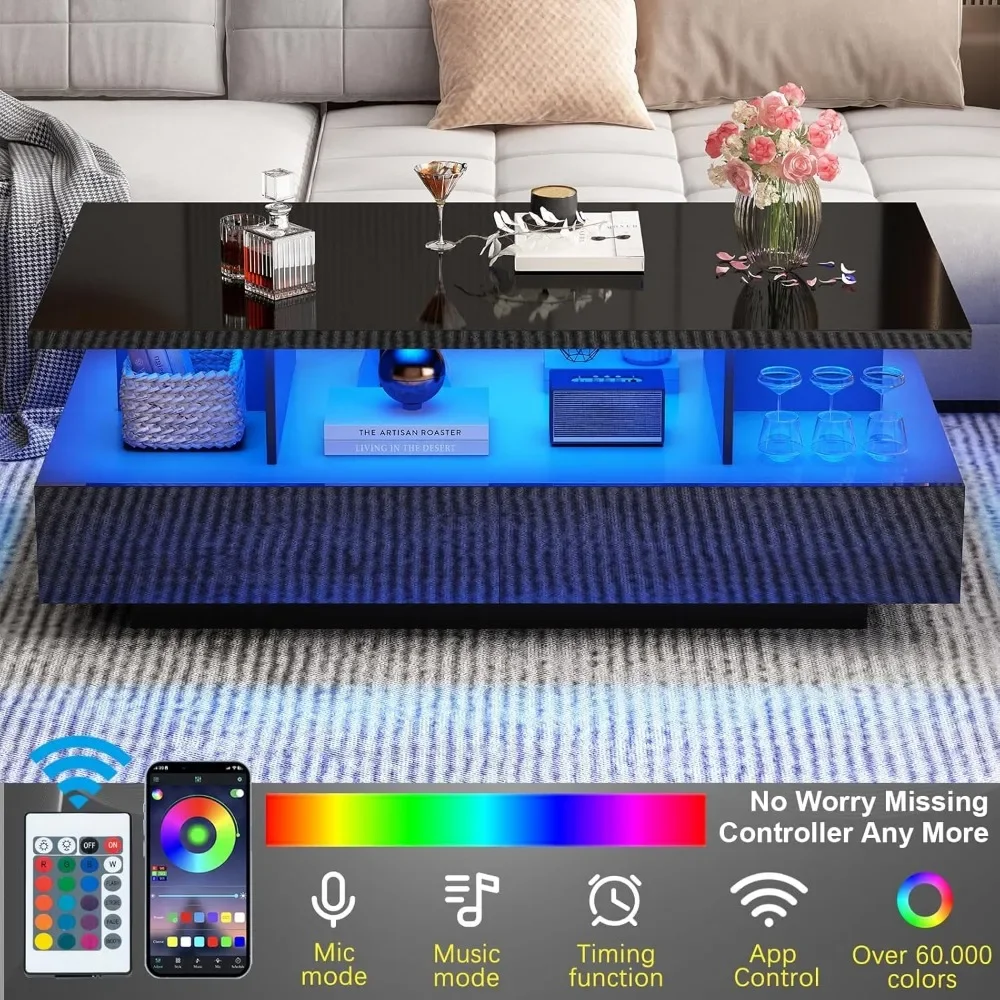 LED Coffee Table W/ 2 Storage Drawers, High Glossy Coffee Tables W/60,000-Color Lights, Rectangle 2-Tier Center Table W/Shelf 3