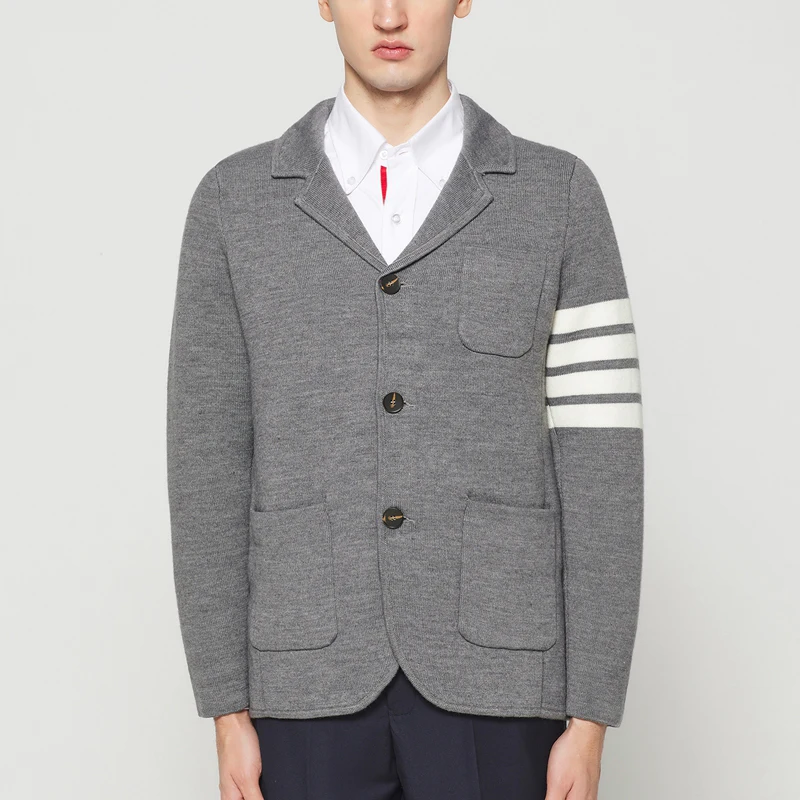 

TB THOM Knitted Suit Blazer Fashion Brand Men's Jacket Turn-Down Collar Korean 4-Bar Striped Business Casual TB Suit Jacket