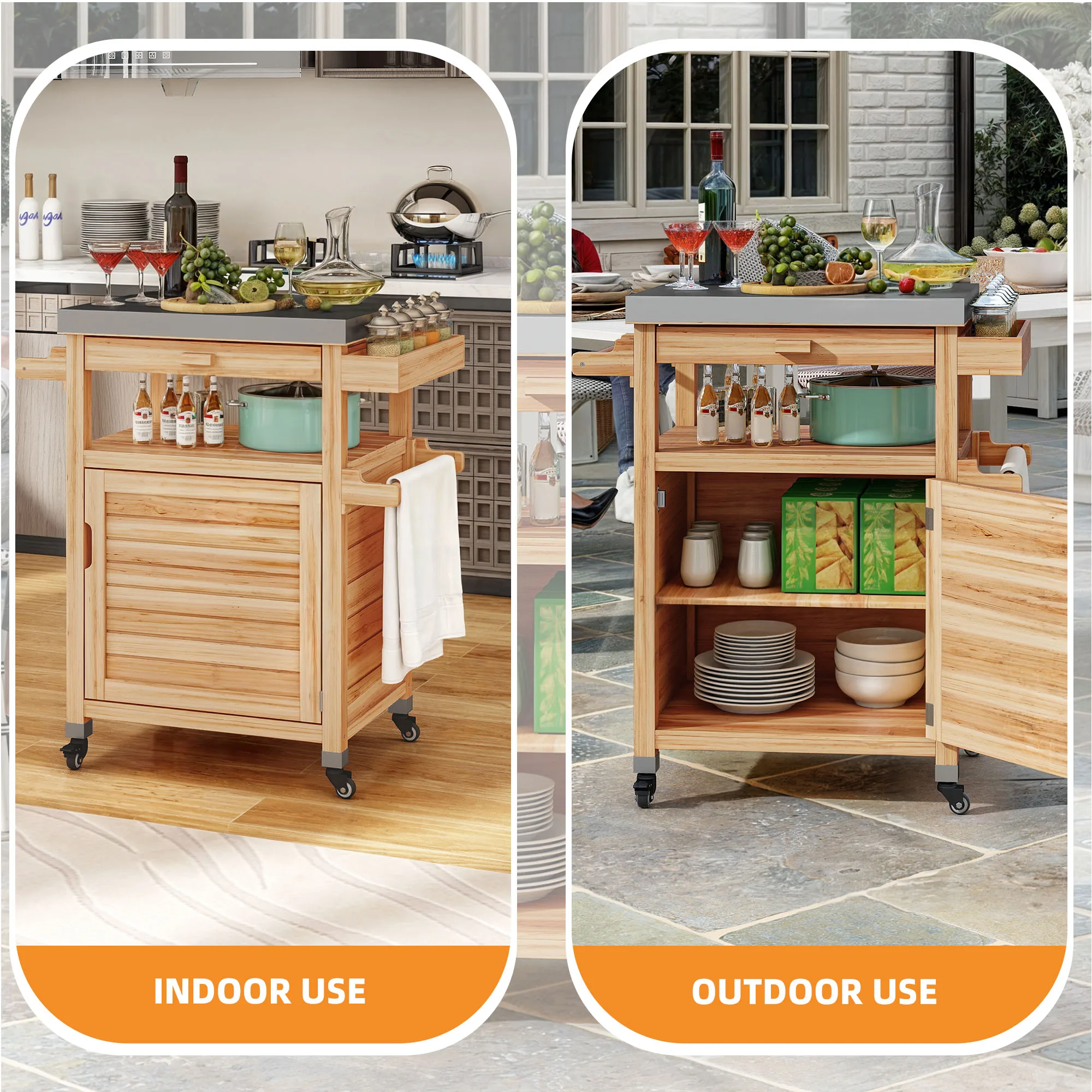 Movable Solid Wood Grill Cart Outdoor Storage Patio Table W/ Stainless Steel Top
