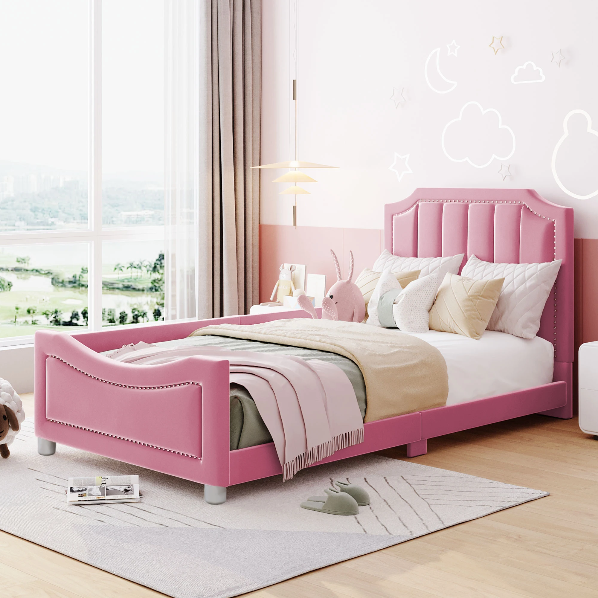 KOMHTOM Kinderpolsterbett Schlafsofa Bettgestell 90x200 cm aus Flanell Multifunktionales Weichbett mit Rückenlehne und Armlehne – Detail 4