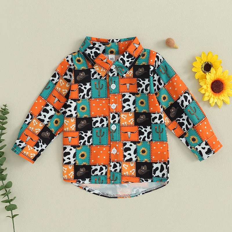 FOCUSNORM 0-4Y Toddler Boys Western Shirts Tops Long Sleeve Lapel Cow Pattern Print Autumn Single Breasted Outwear