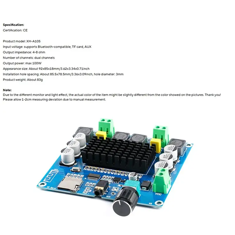 AS95-XH-A105 고출력 오디오 모듈 2X100w TDA7498 듀얼 채널 블루투스 호환 스피커 홈 시어터용 AUX 지원