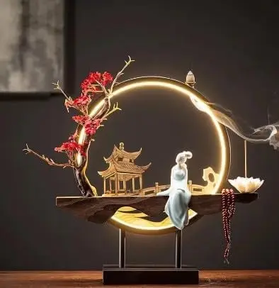 Chinese Flower Incense Holder with LED Light - Handmade Censer Burner Home Decor