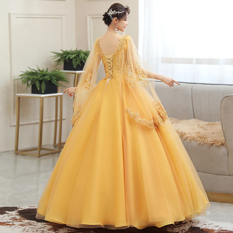 New Gold Embroidery Long Puffy Dress Host Performance Graduation