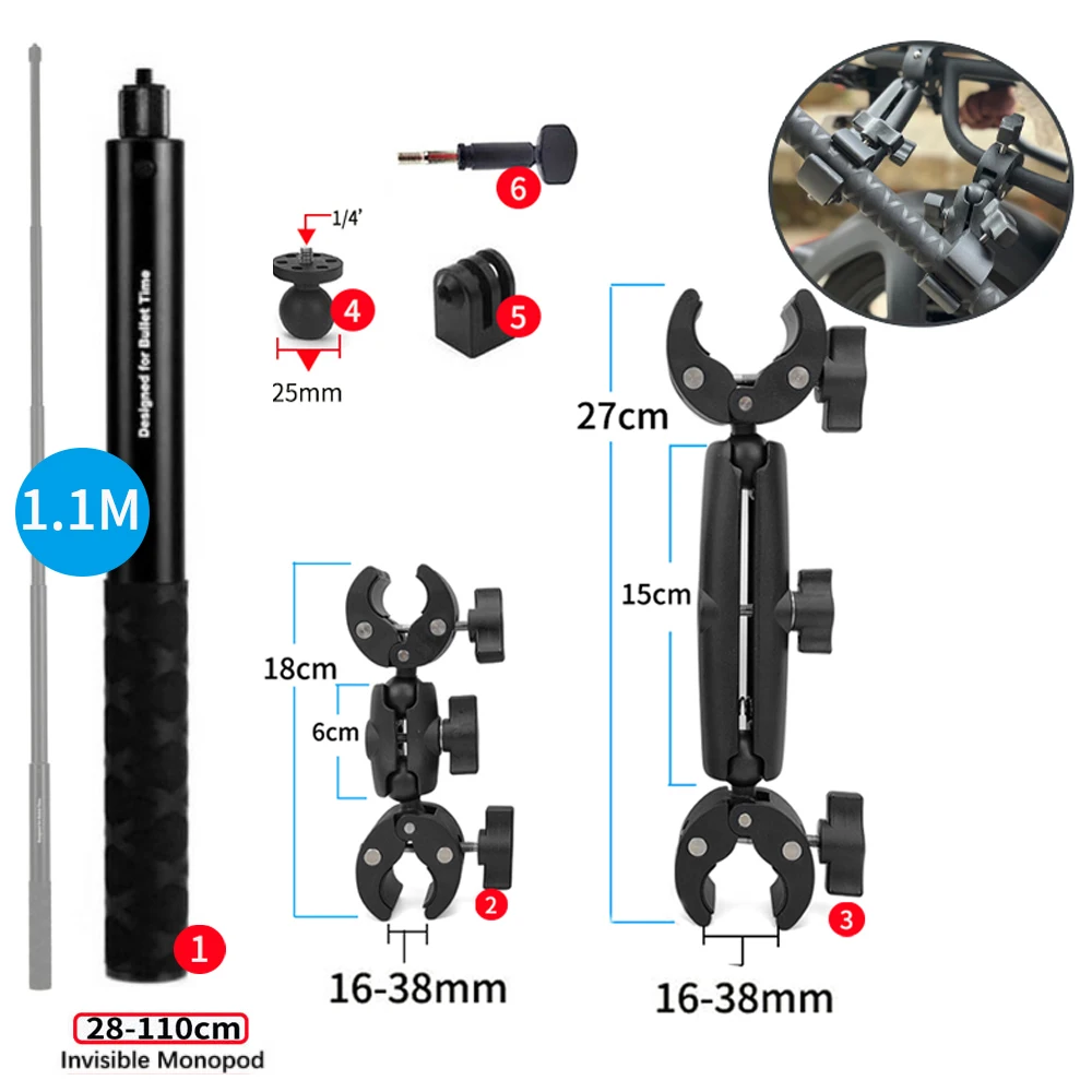 TUYU Motorcycle Bike Invisible Selfie Stick Monopod Handlebar Mount Bracket for GoPro Max 10 DJI Insta360 One X2 R Accessories neck strap Camera & Photo Accessories