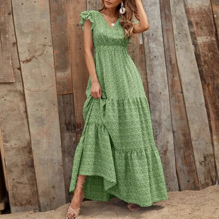 

Summer Long Dress with Flroal Printing Casual V Neck Short Butterfly Sleeves A-line Dress 2024 Women's Long Vestidos Elegant