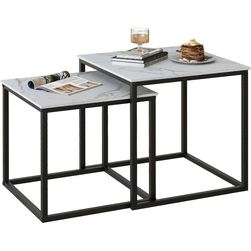 Coffee Table Set of 2, Modern Black Wooden Side Table, Metal Frame Square End Table, Center Tables,Nesting Coffee Table for 4