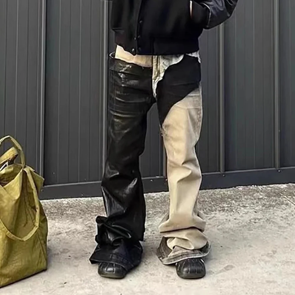 

Comfy Fashion Pants Mens 1pc Atchwork Stacked Wax Pants Black Casual Cotton Blend Flare Jeans Non Stretch Regular