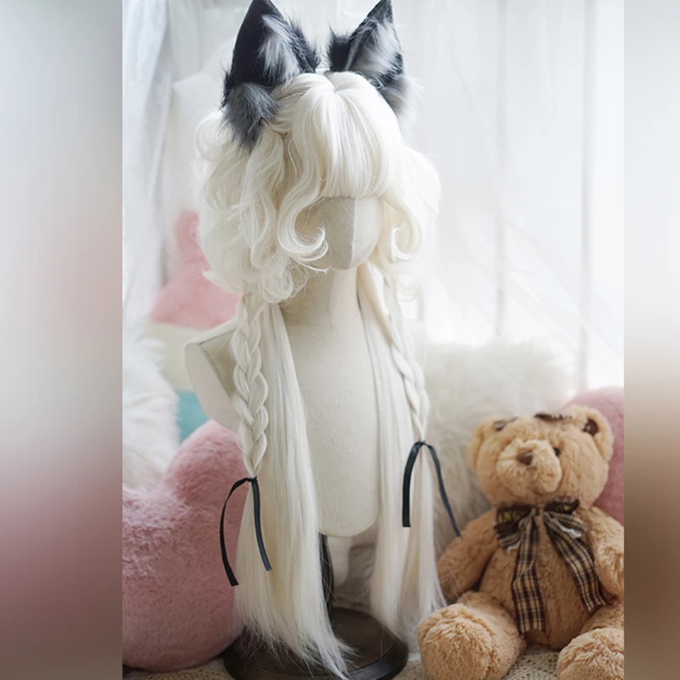 White Synthetic Curly Wig with Elf Ears for Women Costume