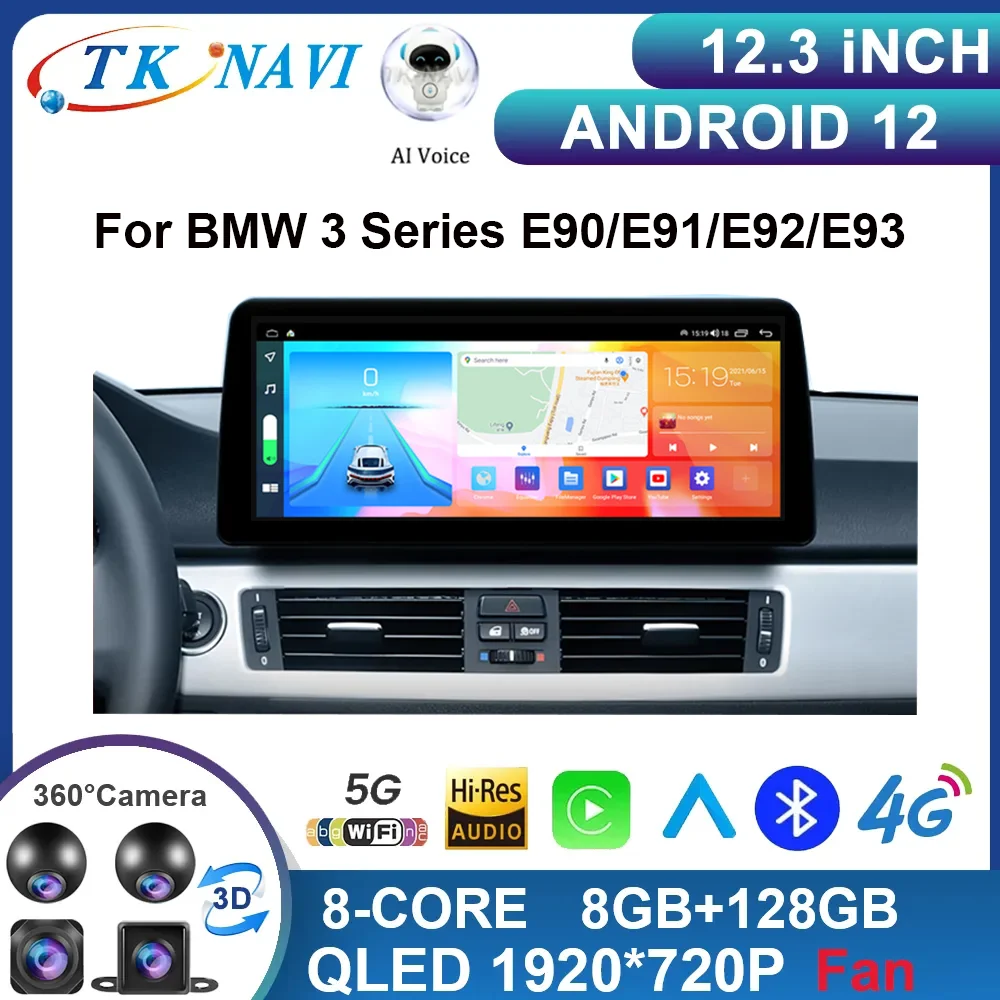 

Автомобильный радиоприемник 12,3 дюймов Android 13 для BMW 3 серии E90/E91/E92/E93, Автомобильный мультимедийный проигрыватель, беспроводной Carplay Wi-Fi 4G QLED BT