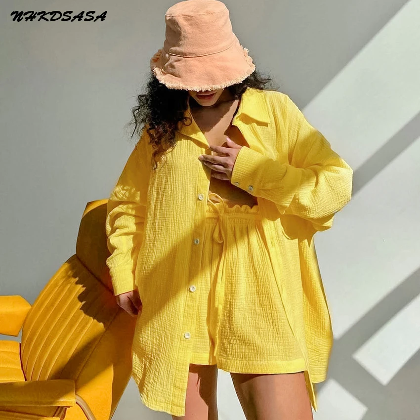 

Свободная Пижама NHKDSASA для женщин, летняя пижама с длинным рукавом и карманами, повседневные домашние костюмы с шортами и оборками, однотонная женская одежда для сна