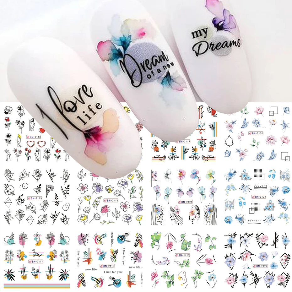Nail Stickers 12pcs Geometry Flower Leaf Line Graffiti Painted Colorful Water Decal Link Blooming Slider for Nail Decoration