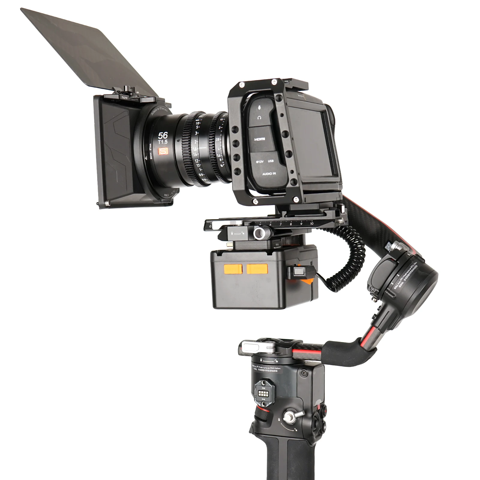 Support batterie V-Mount avec batterie V-Lock installée sur DJI RSC2, vue arrière