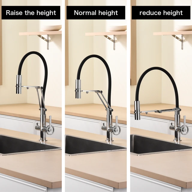 ก๊อกน้ำครัวโครเมียมทองเหลืองทันสมัย พร้อมหัวฉีดแบบดึงลง 3-in-1 ฟังก์ชั่นน้ำบริสุทธิ์ แบบรูเดียว 2 หัวก๊อก น้ำร้อนน้ำเย็น 5