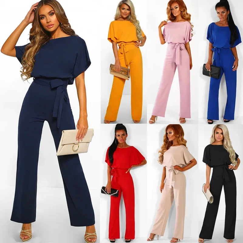 

Women Jumpsuit Elegant Short Sleeve Hollowed Waist Tie Solid Summer Wide Leg Pants Bodysuit Overalls Wide Leg Cropped Pants