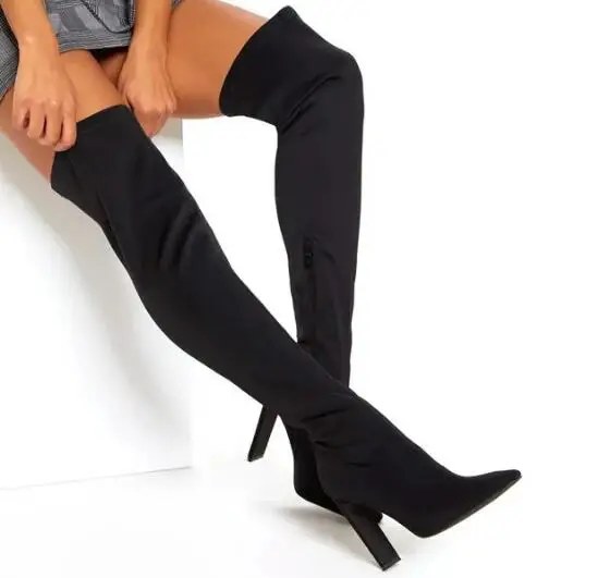 

New Ladies Black Python Snakeskin Satin Pointed Toe Slim Square Heels Over The Knee Boots Woman Fashion Thigh Long Socks Boots