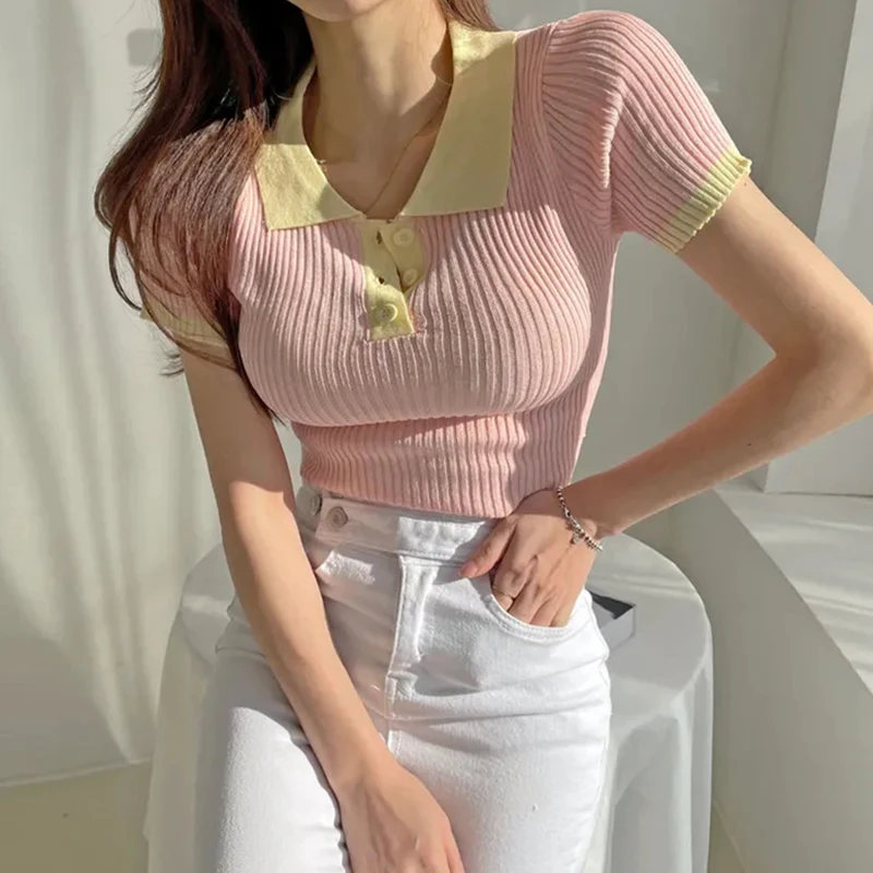 

Chic Pink Knitted Tops Women 2023 Summer Turn-down Neck Streetwear Elegance Cropped Top Female Korean Blue Sweater Ladies Y2k