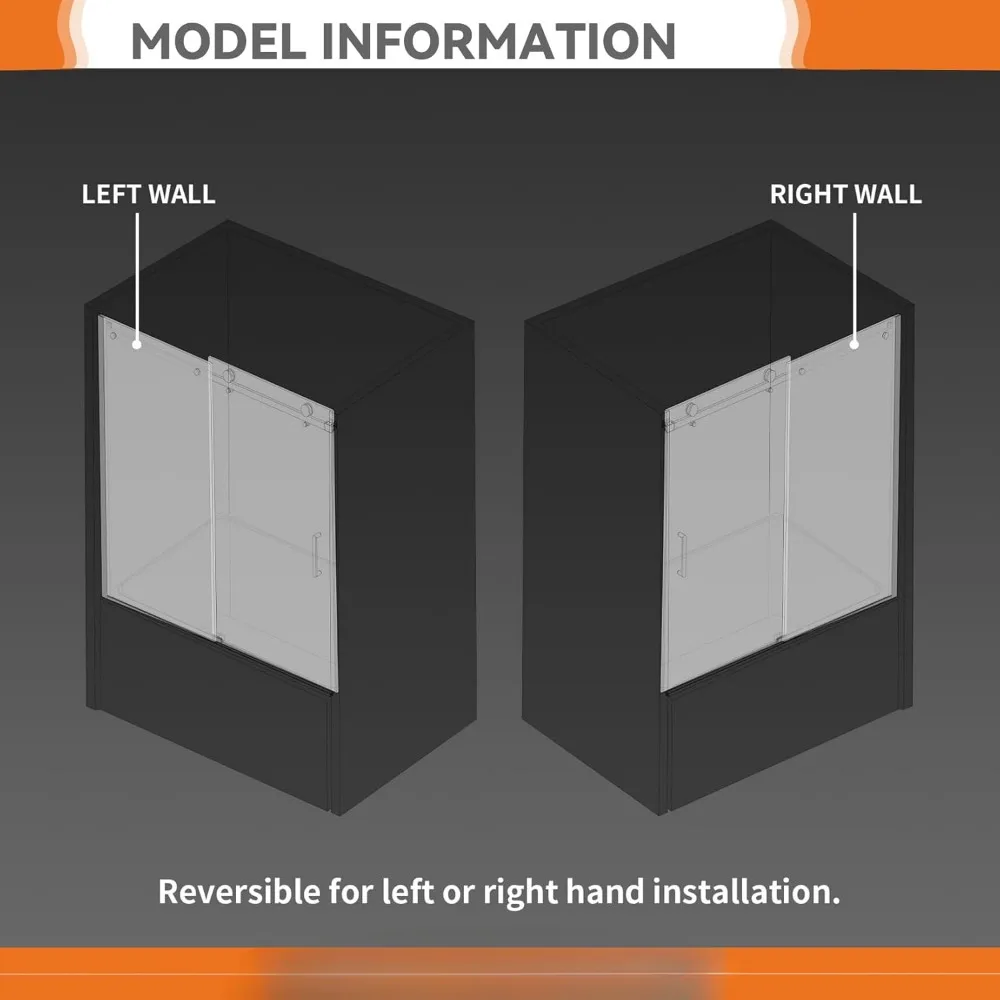 Sliding Bathtub Shower Doors, 57 1/2-60 in. W Adjustable x 60 in. H, 5/16 inch(8mm) Tempered Safety Glass Thickness, 6