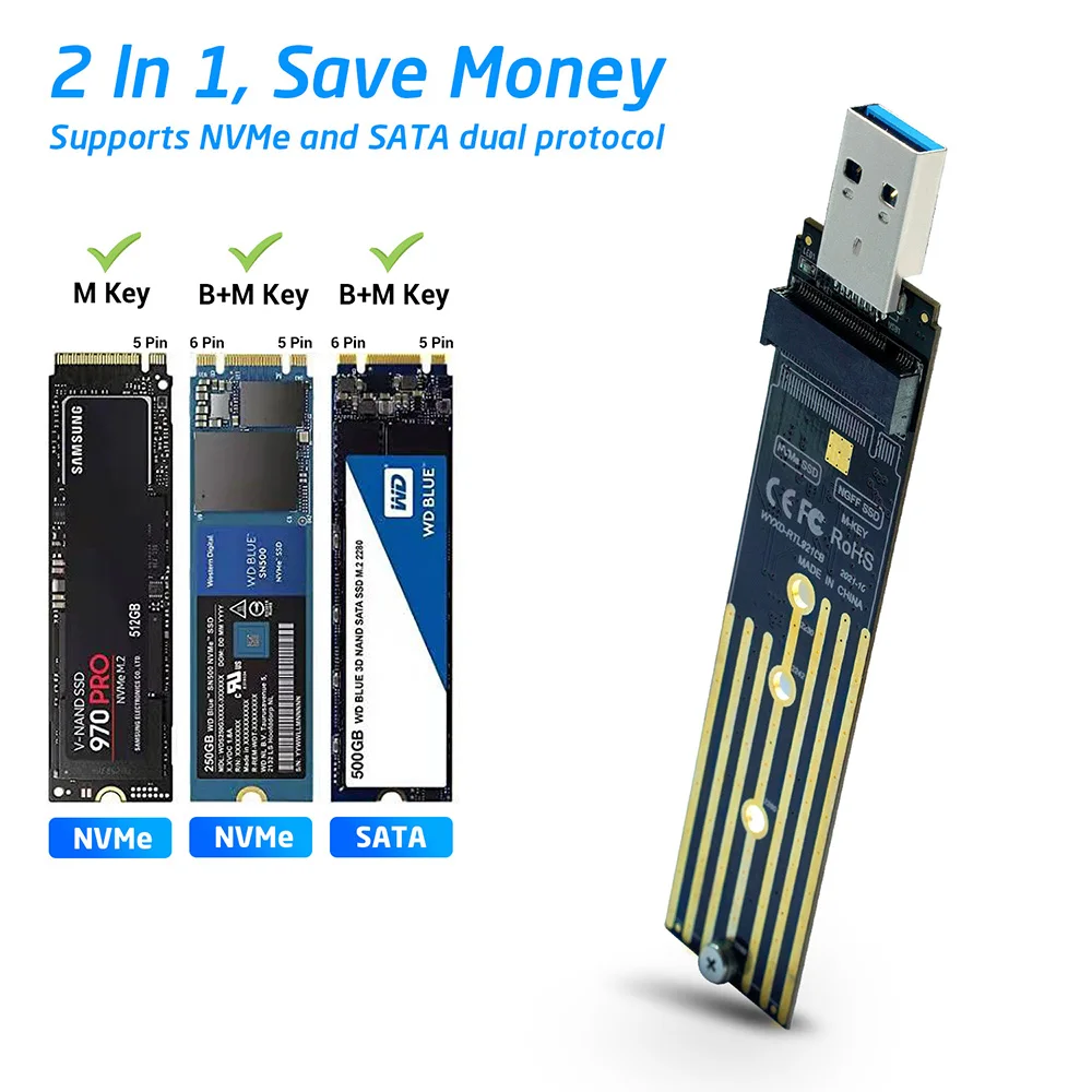 

Адаптер M.2-USB, двойной протокол, Φ M.2 NVME PCIe NGFF SATA M2, поддержка карт 2230 2242 2260 2280 NVME/SATA M2 SSD RTL9210B