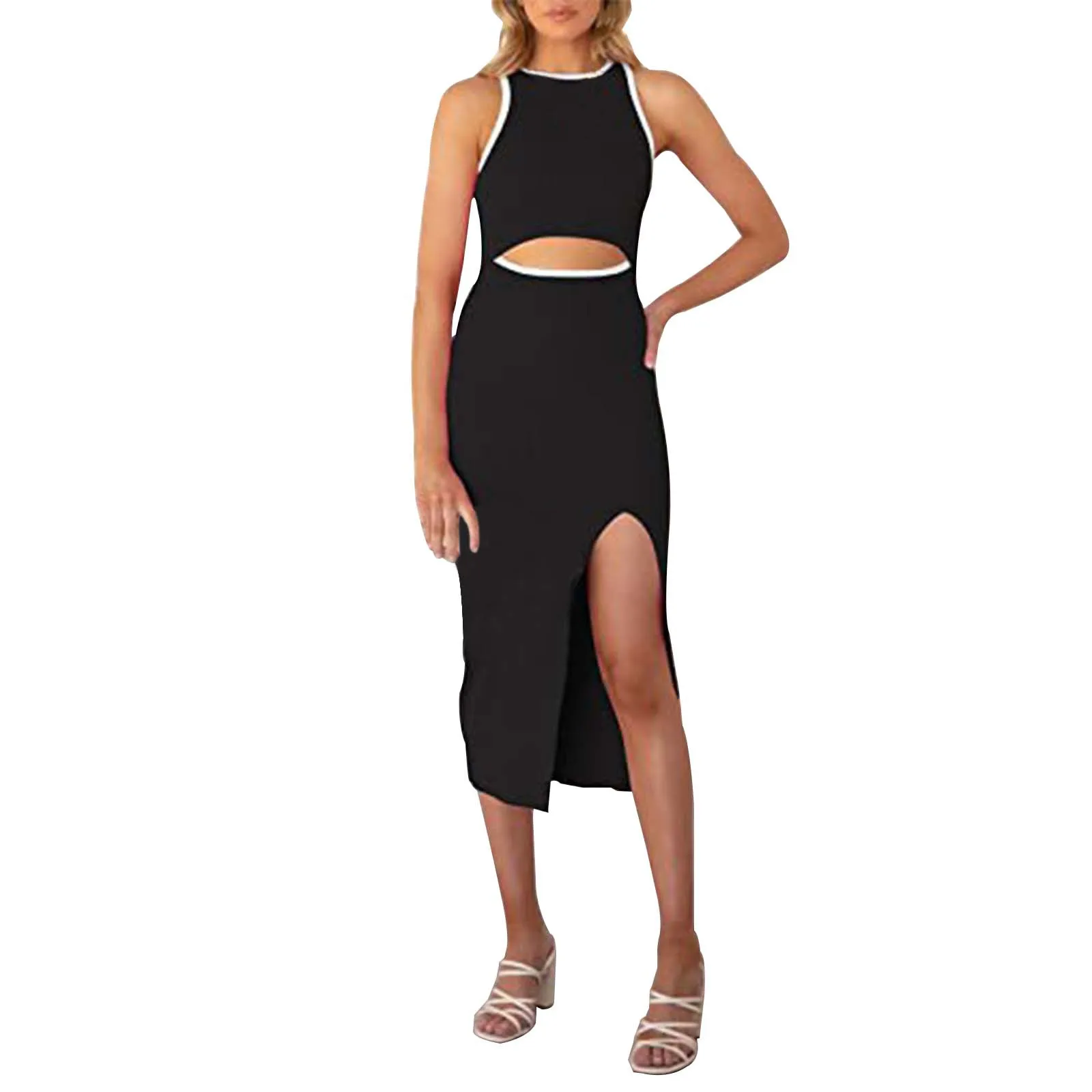 

Women's Cut Out Mid Length Crew Neck Sleeveless Vest Split Ribbed Dress