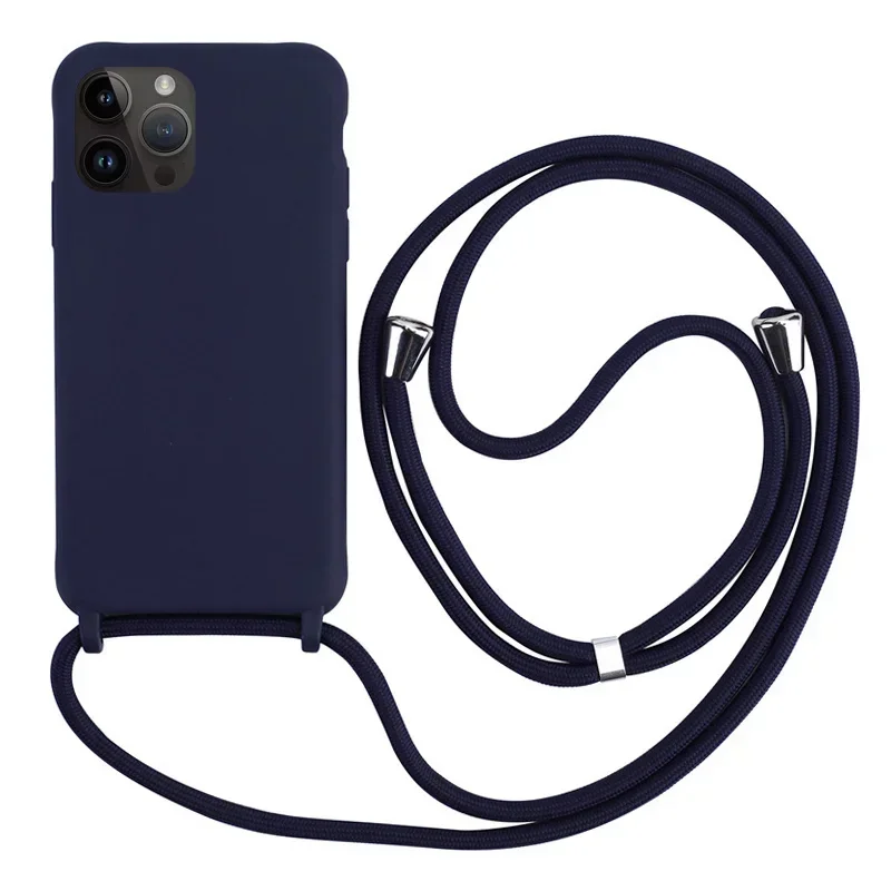 thumbnail image 1 of Funda de teléfono de silicona con correa cruzada y cordón para iPhone 16, 15, 14, 13, 12 Mini, 11 Pro Max Plus, carcasa trasera de TPU suave de color caramelo, 1 of 5