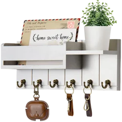 Rustic Wooden Wall Shelf with Six Hooks for Mail and Key Organization (WHITE)