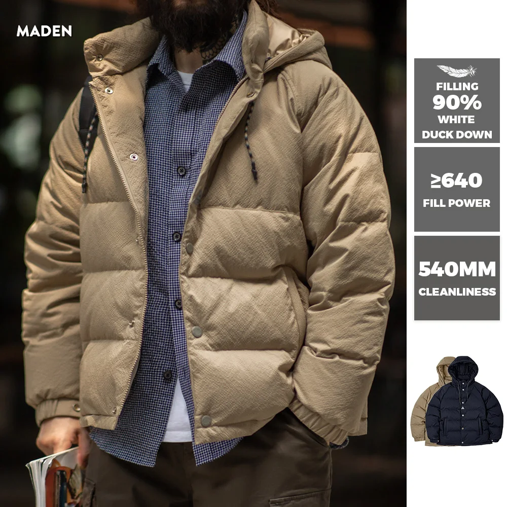 Maden Men's Winter Wide Quilting Seam Thickened Down Jacket White Duck Down Navy Blue Hooded Jacket High Density Fabric Warm Top down jacket mens jacket