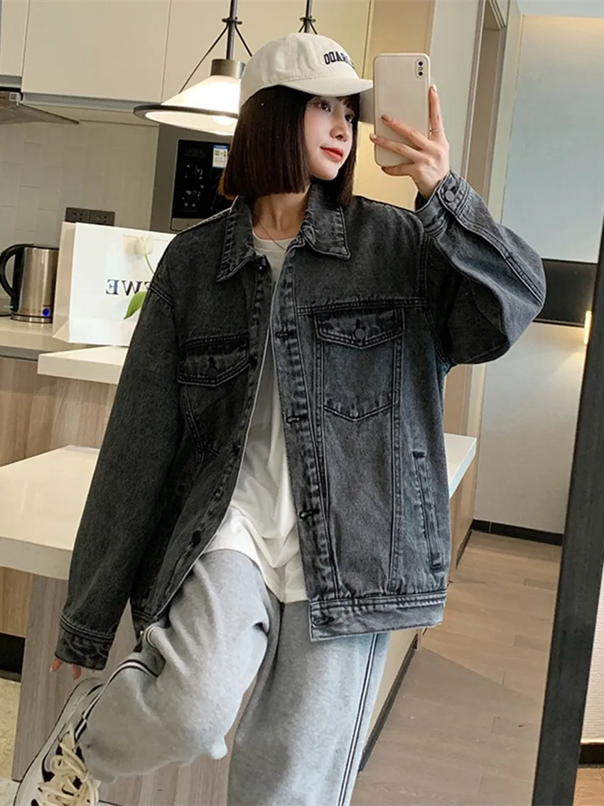 

2022 Autumn New Leisure Loose Smoke Grey Denim Coat Women Free Shipping