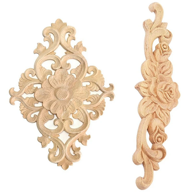 

6Pcs Wood Carved Unpainted Onlay Applique Furniture Home Decor - 4Pcs 20 X 5Cm & 2Pcs 21 X 15Cm