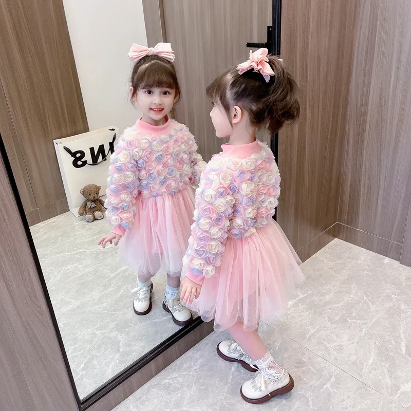 2023 Autumn Winter Baby Girls Dresses Birthday Party Floral Lace Princess Dress Children Casual Clothes 1-6 Years Kids Clothing