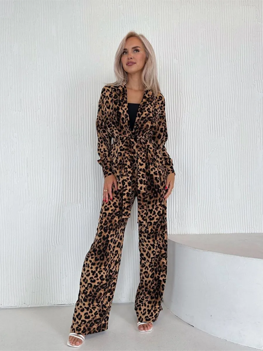 

2024 New Classic Leopard Printed Set Long Sleeve Lace-up Cardigan+Trouser Suits Sexy Fashion Casual Two-piece Sets For Women