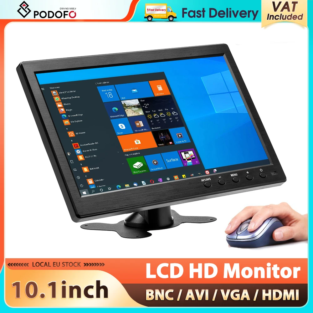 Monitor de Coche LCD Podofo de 10.1'' con Altavoz/BNC/AVI/VGA/HDMI, Mini TV y Pantalla de Ordenador, Entrada de Video de 2 Canales, Monitor de Seguridad 1