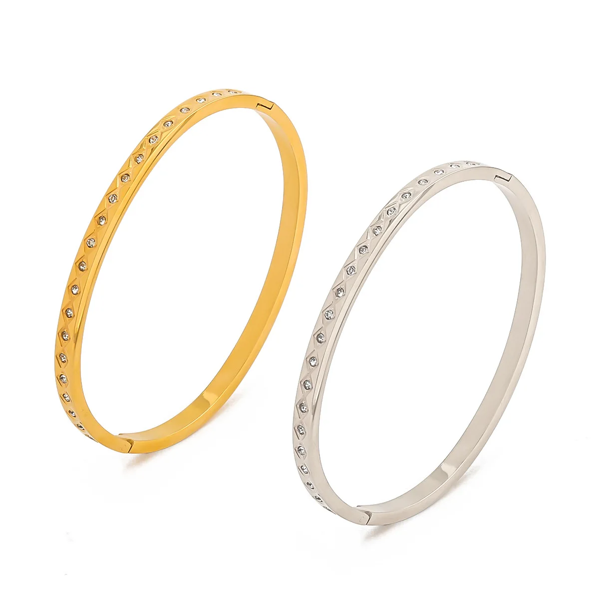 Classic Stainless Steel Inlaid Cubic Zirconia Bangle for Women18K Gold Plated Waterproof Thin Bracelet Retro Jewelry Party Gift