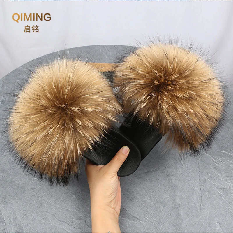 Summer Real Fur Slippers Plush Fluffy Raccoon Fur Slides For Women Flip Flop Flat Furry Outdoor Fashion Sandals Woman Shoes 2